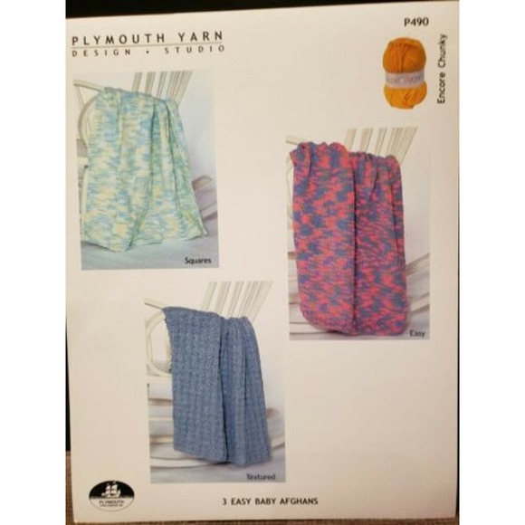 New Plymouth Yarn Encore Chunky 3 Easy Baby Afghans Throws Knitting Pattern P490 - Picture 2 of 3